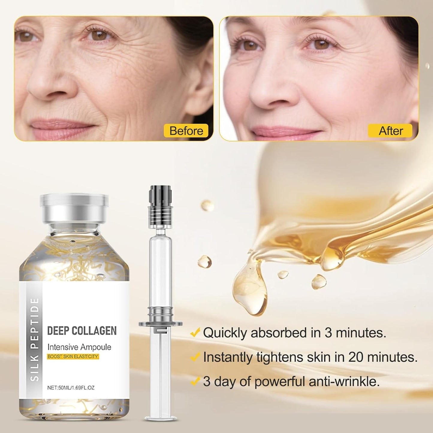 Navaro Peptide Deep Collagen Lifting Ampoule, Silk Peptide Intensive Lifting Ampoule, Hydrating & Smoothing Serum with Silk Extract, Lightweight Daily Skincare Essence (2Pc*50Ml)